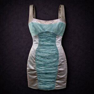 Nicole Miller Collection Satin Metallic Cocktail Dress Dusky Blue 10 NWT Holiday